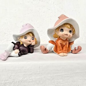 Homco Pixies Elves Figures Orange Pink Fairy Cottage Core 5213 Lot of 2 Vtg